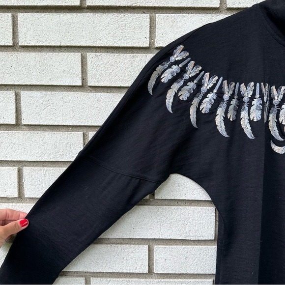 Vintage Bogner Made Italy Wool Layer Mock Neck Feather Embroidered Black Shirt - Picture 3 of 11